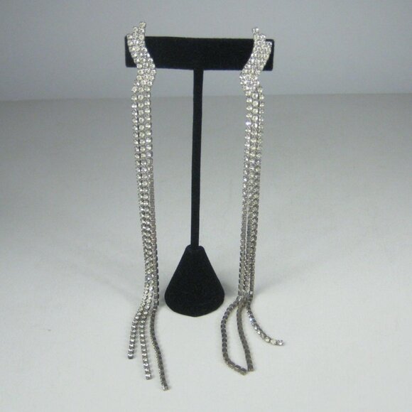 Long Silver Tone Rhinestone Dangle Earrings 8 Inch Drop Statement Sparkle Party - Picture 6 of 8